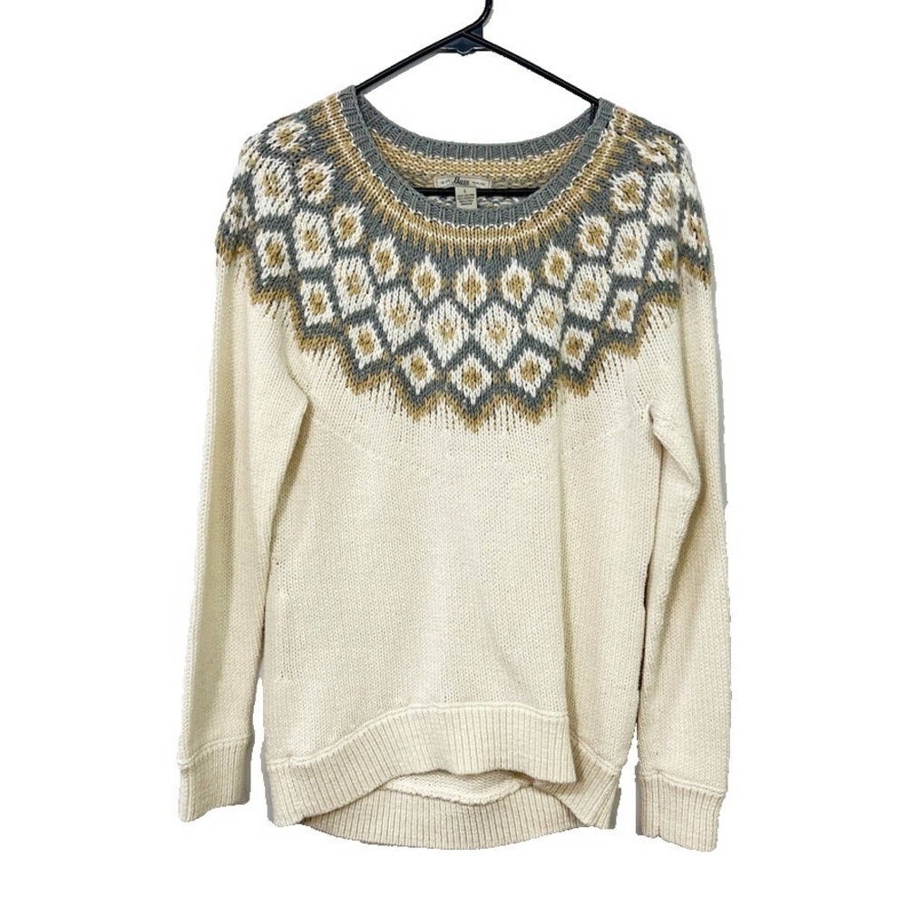 Fair Isle Nordic Sweater L Cream Gray Mustard Cozy Knit Winter Cabincore Yoke